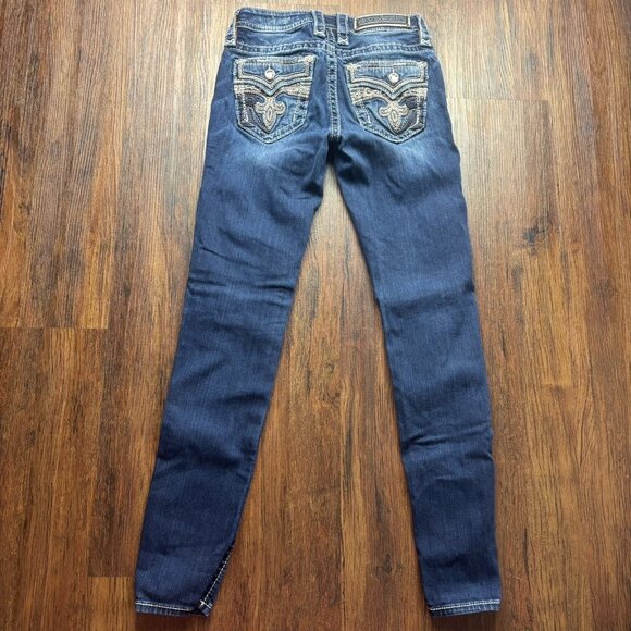 ROCK REVIVAL Claret Mid-Rise Skinny Jeans Distressed Dark-Wash Women’s Size 25 - Picture 2 of 13